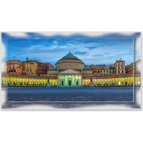 Lupia - Quadro moderno su Tela con Cornice stampata NEWEXT 75x135 cm, paesaggi localismi italiani, per casa soggiorno capezzale camera da letto hotel ufficio, NAPOLI PIAZZA PLEBISCITO SERA (1/4)