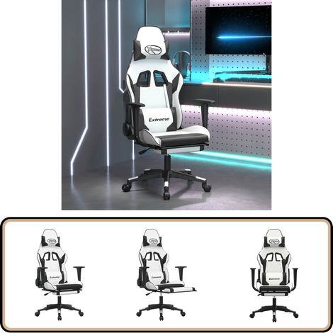Chaise de jeu de massage avec repose-pied Blanc noir Similicuir - Chaise De Jeu - Chaise Gamer - Chaise Ergonomique - Chaise De Bureau - Massage Lombaire (1/5)