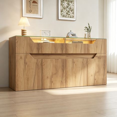 Aparador 140x40x70 cm marrón natural en MDF y cristal templado con 2 cajones y almacenaje (1/5)