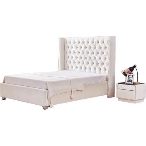 Lit double 180x200 cm velours nude tête capitonnée sommier inclus PRINCESSE (1/4)