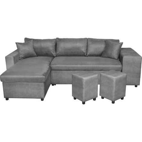 Canapé d'angle réversible OSLO avec coffre et poufs droit en bi-matière (1/5)