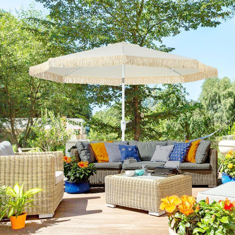 Parasol de jardin parasol extérieur inclinable parasol à franges avec manivelle 8 baleines dim. Ø 2,65 x 2,45 H m Blanc (1/5)