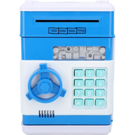 Coffre-fort tirelire ATM avec musique et code sécurisé, boîte à pièces décorative bureau en plastique bleu (1/5)