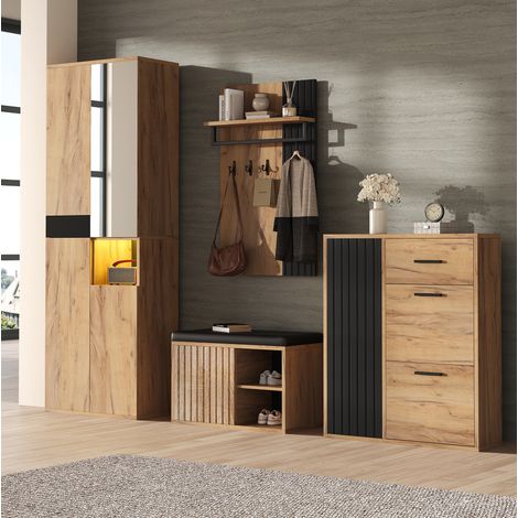 Set ingresso 4 pezzi con armadio, scarpiera, panca e appendiabiti nero e legno OKWISH (1/5)