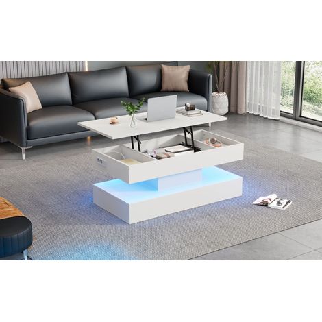 Table basse moderne avec éclairage LED et rangement caché - table d'appoint à hauteur réglable hydraulique, 100x50x42 cm, charge maximale 50 kg (1/5)