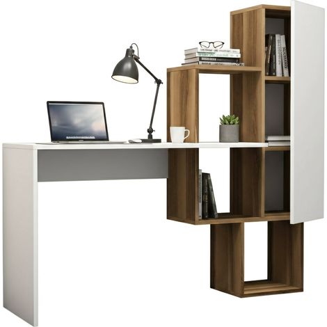 Dmora - Schreibtisch Giedi, Mehrzweckschreibtisch, Bürotisch für PC, Eckschreibtisch, 145x45h75 cm, Walnuss und Weiß, mit verstärkter Verpackung