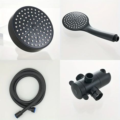 (Pommeau de douche noir - 10 cm) Ensemble de douche complet avec pommeau de douche à jet large et douchette à main, flexible de douche long, distributeur d'eau à trois voies, accessoires de salle de b (1/5)