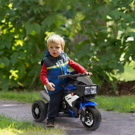 Moto électrique pour enfants avec lumières, klaxon, musique, pneus larges, vitesse de 3 km/h, bleue