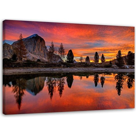 Tableau sur toile Aurore sur un lac Rouge 60x40 (1/5)