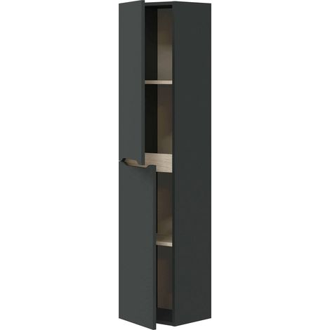 Dmora - Colonna bagno Williamsburg, Pensile bagno sospeso a 2 ante, Armadio alto, 31x26h135 cm, Antracite e Rovere, con imballo rinforzato (1/5)