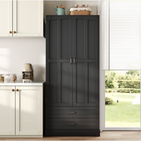 Mueble alto de cocina de MDF negro, 3 estantes extraíbles, 2 cajones, 80x37,5x180 cm, OKMYHOME (1/5)