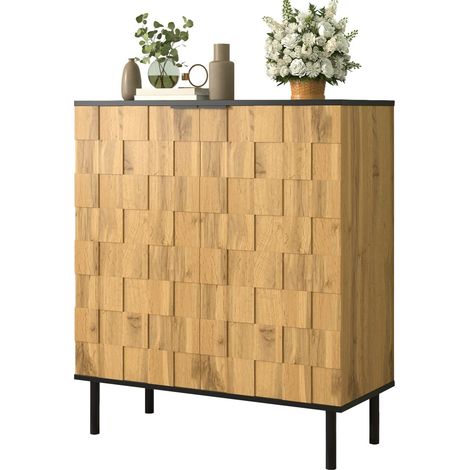Meuble à chaussures mosaïque 2 portes, étagère compartiments réglables aspect bois pieds métal pour entrée 80x35x91,5cm - Naturel (1/5)