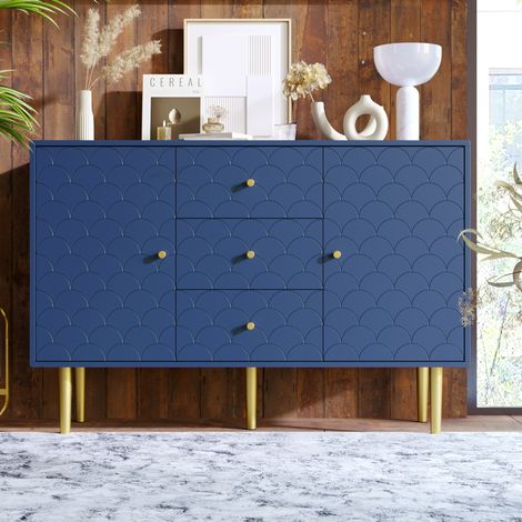 Modernes Sideboard Blau Mit 2 Türen, 3 Schubladen Und Verstellbarem Einlegeboden, Für Wohnzimmer Oder Schlafzimmer, 120x40x83cm (1/5)