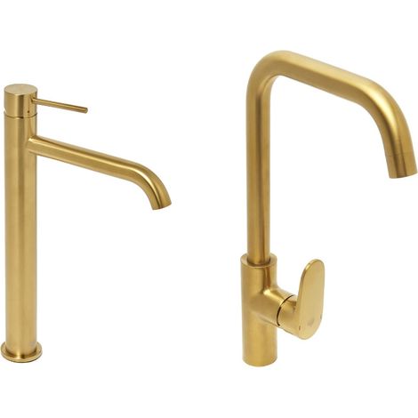 Set de grifo monomando alto para lavabo de acero inoxidable + grifo monomando de cocina con brazo giratorio, oro cepillado (SATB
