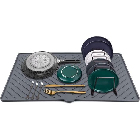 Tapis de séchage en silicone - Grand tapis d'égouttement pour la cuisine, résistant à la chaleur, séchage rapide - Tapis égouttoir pour faire la vaisselle (gris, 23.5 ''x 15.2'') (1/5)