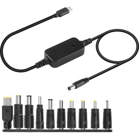 Cable adaptador JSSEVN de 1 m USB C a DC PD con 10 puntas de conexión, voltaje ajustable de 5V-9V-12V-15V-20V. (1/5)