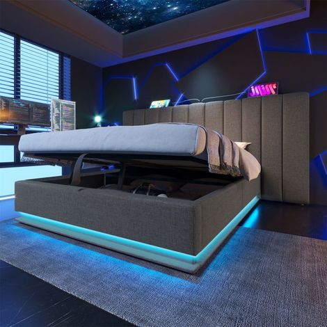 Lit coffre 160x200 cm - Rembourré - Gris - Avec rangement - LED et USB-C - 2 places (1/5)