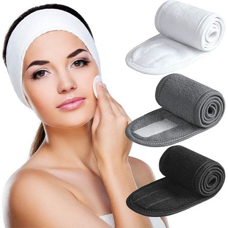 Diademas para spa, 3 piezas, ultrasuaves, ajustables, de felpa elástica, para lavarse la cara, ducharse, usar mascarilla facial o practicar yoga (negro + blanco + gris). (1/5)