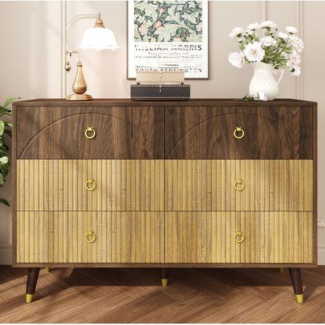 Commode 6 tiroirs 120x40x81 cm, naturel, pour salon, chambre et entrée (1/5)