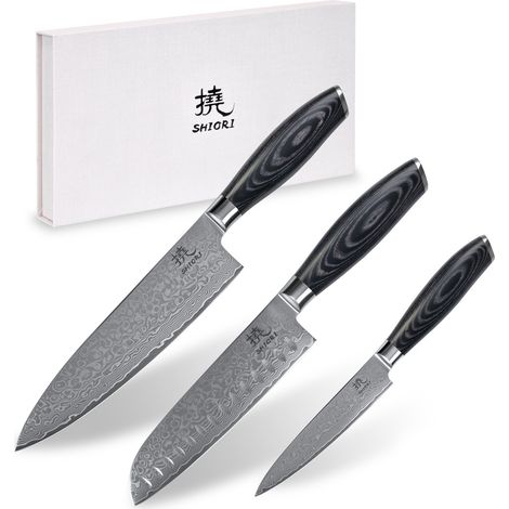 Shiori 3-Set 撓 Kuro Murō + Santoku + Sifu - un juego de tres cuchillos de acero de Damasco (1/5)