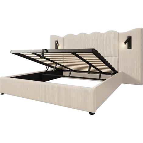 Cama doble tapizada 180x200 con almacenaje, lámpara de lectura y puertos USB-C, beige (1/5)
