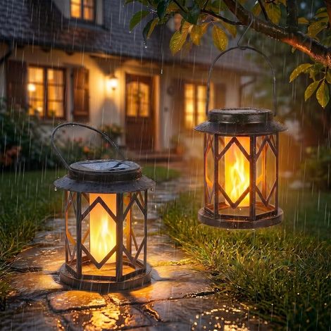2 Pièce Lanterne Solaire Exterieur Jardin, avec Poignée et Crochets Lampe Solaire avec Bougie Vacillante LED, Lanternes Solaires Exterieures IP65 Étanche, pour Camping Pelouse Balcon Cour (1/5)