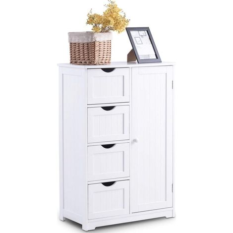 Costway – Commode de salle de bain 4 tiroirs – Armoire avec porte – MDF blanc – Dimensions 56 x 30 x 81 cm – Étagère réglable