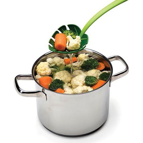 Set de 2 écumoires vertes en forme de feuille de monstera, cuillère fendue et écumoire à nouilles, ustensiles de cuisine pour cuisson et service