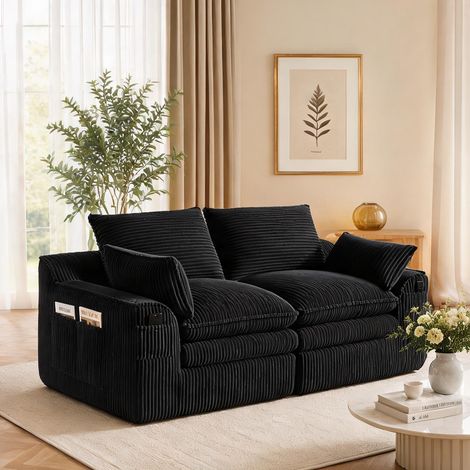 Sofa modulaire 2 places en velours côtelé noir avec rangements (1/5)