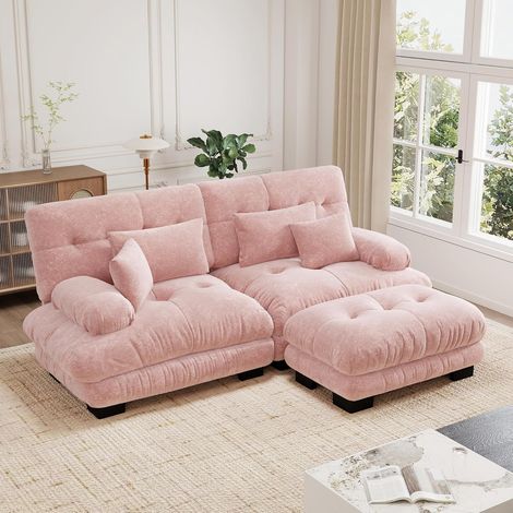 Canapé d'angle nuage pour salon, canapé deux places en chenille rose avec 2 coussins lombaires et 2 coussins décoratifs, canapé capitonné avec larges accoudoirs et pouf