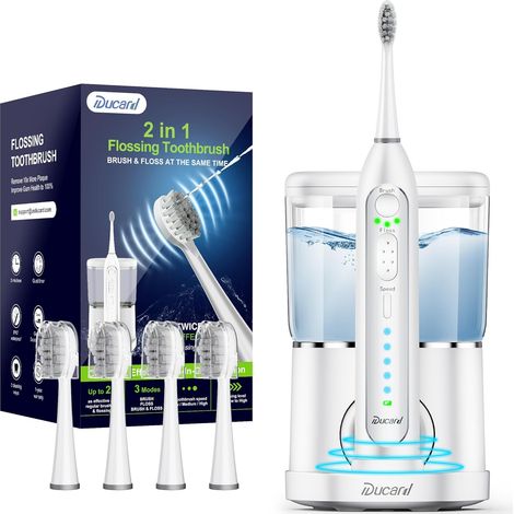 Electric toothbrush with water flosser, professional toothbrush with 4 replacement heads, 3 brush modes and 5 cord speeds, white
