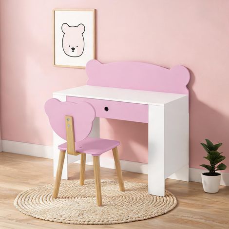 Bureau d'écolier rose avec chaise en bois massif (1/5)