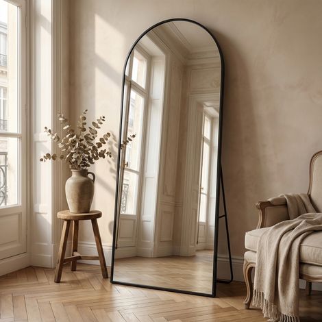 Specchio da Terra ad Arco 164x54 cm - Grande Specchio a Figura Intera con Cornice in Alluminio - Autoportante o da Parete - Nero
