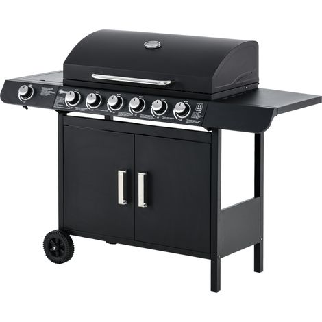 Barbecue a Gas con Coperchio, 7 Bruciatori da 20kW, Fornello Laterale e 2 Ruote, 135x50x100cm Nero