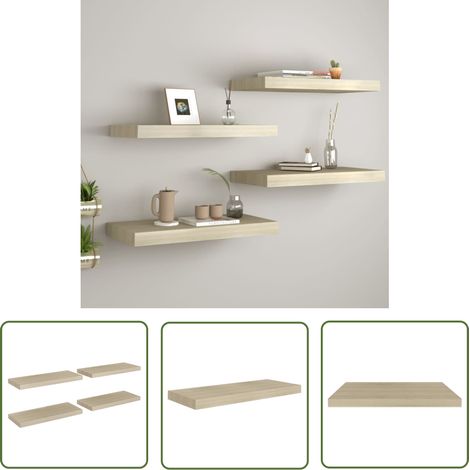 The Living Store Schwebende Wandregale 4 Stk. Eichefarben 60x23,5x3,8cm MDF - Wandregal - Regal - Schwebende Wandregale - Holzregal - Wohnraumdeko (1/5)