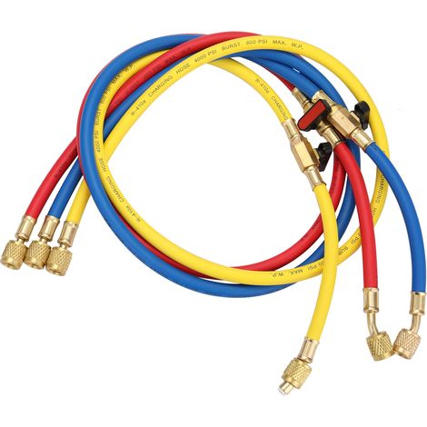 Manguera de adición de refrigerante R410A para aire acondicionado, 1,27 m de largo (50"), tubos rojos/amarillos/azules con válvulas de bola de cierre. (1/5)
