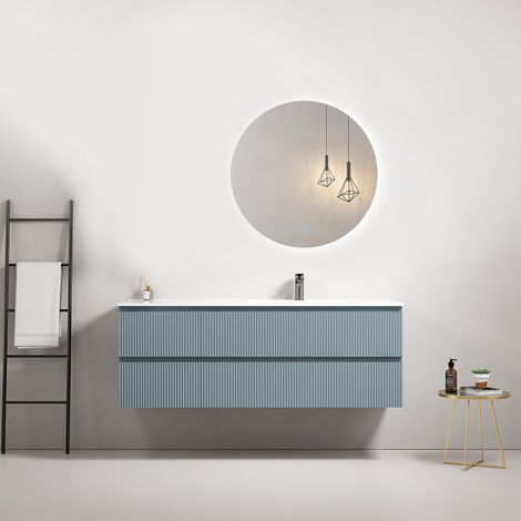 Mobile bagno sospeso cannettato 140 cm Blu Avio Lavabo a Destra in Resina Specchio Tondo Retroilluminato - Fiji Paint (1/4)