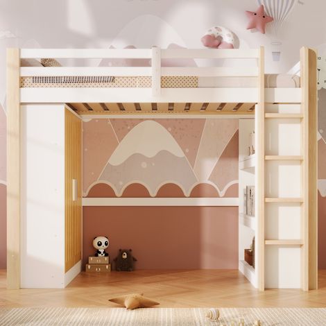 Lit Mezzanine - LED, Rangement, Armoire - 90x200 cm - rangement armoire et étagère - Pin - Blanc et naturel