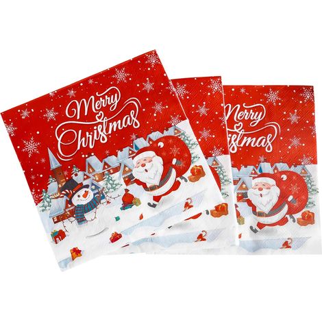 Lot de 20 serviettes de fête de Noël, 33x33CM Motif de Père Noël et bonhomme de neige pour la vaisselle jetable et décorations de table (1/5)