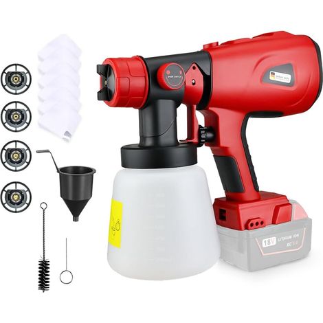 Dieses elektrische Farbspritzsystem ist mit Milwaukee M18 18V- und 20V-Akkus kompatibel. Das HVLP-Farbspritzgerät wird mit 4 Düsen, 3 Sprühmustern und einem 1000-ml-Wassertank geliefert.