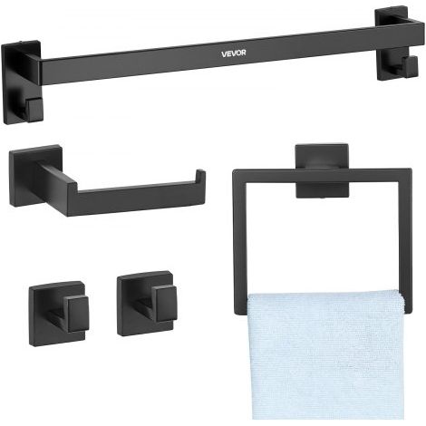 Badezimmer Hardware Zubehör Set aus Edelstahl (5-tlg.) inkl. Handtuchstange & Handtuchhalter (quadratischer Ring) & 2 Haken & Toilettenpapierhalter, für Badezimmer, Wandmontage Schwarz (1/5)