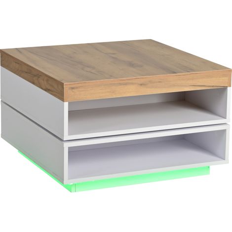 Quadratischer Couchtisch 65x65x40 cm MDF weiß Holzoptik mit LED, 360° drehbar (1/5)
