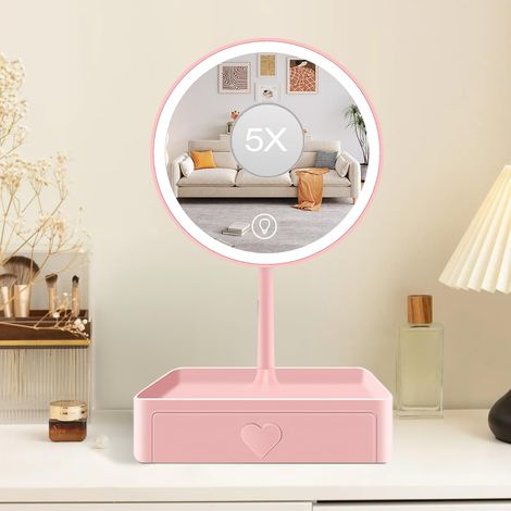 Miroir sur Pied Maquillage, Miroir Grossissant 5X, Rose Tiroir 3 Couleurs de Lumière, Luminosité Réglable, Rechargeable par USB, Idéal pour Chambre à Coucher, Coiffeuse, Salle de Bain (1/5)