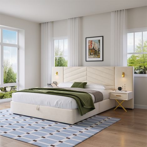 Lit Coffre 160x200cm - Lit 160x200 avec Sommier - Lit Double avec 2 Bancs Latéraux et Éclairage LED - Lit Adulte en Velours Beige (1/5)