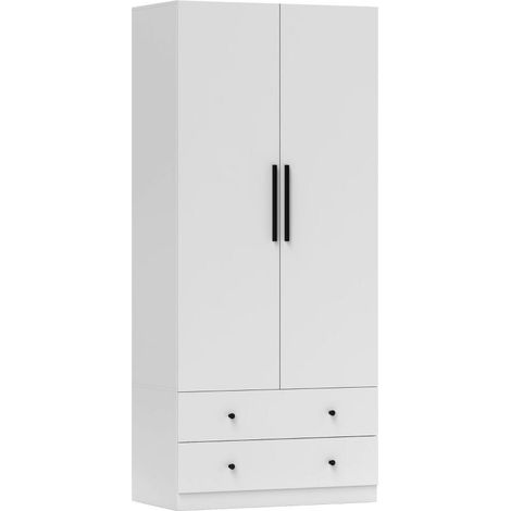 Armoire Blanche 2 Portes avec Zone de Suspension et 2 Tiroirs en MDF pour Rangement Pratique et Élégant (1/5)