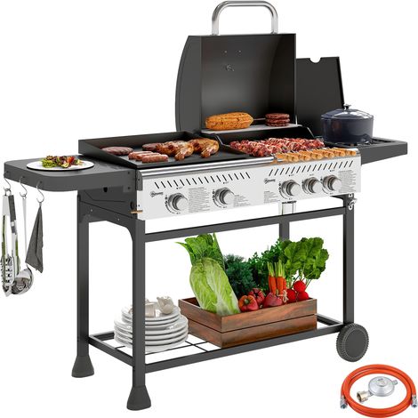 Barbecue gaz avec plaque et brûleur, couvercle à thermomètre et étagères, régulateur et flexible inclus, noir