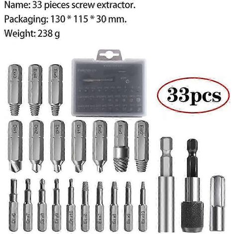 Kit de 33 extracteurs de vis endommagées et abîmées pour vis cassées - Extracteur de vis HSS polyvalent (1/4)