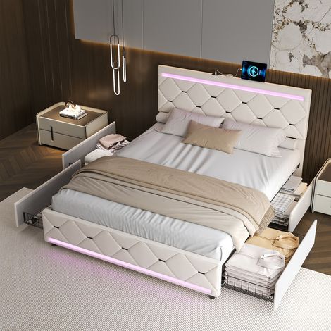 Letto 140x200 cm, 4 cassetti con illuminazione LED nella testata e nei piedi del letto + ricarica USB, velluto - Bianco (1/5)