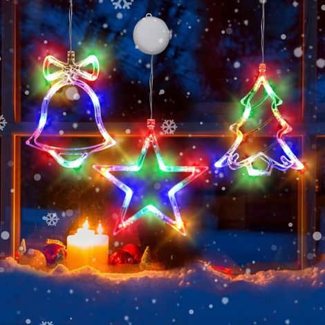 RHG Lot de 3 décorations de Noël pour fenêtre de Noël alimentées par piles - Décorations de fenêtre de Noël en forme d'arbre et de clochette et d'étoile avec ventouse pour Noël, Nouvel An, balcon, fêt