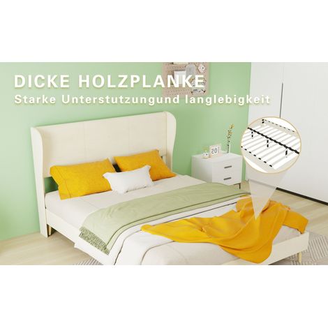 Lit rembourré beige 140 x 200 cm avec tête de lit moelleuse et cadre bas sans rangement pour chambre et suite (1/5)